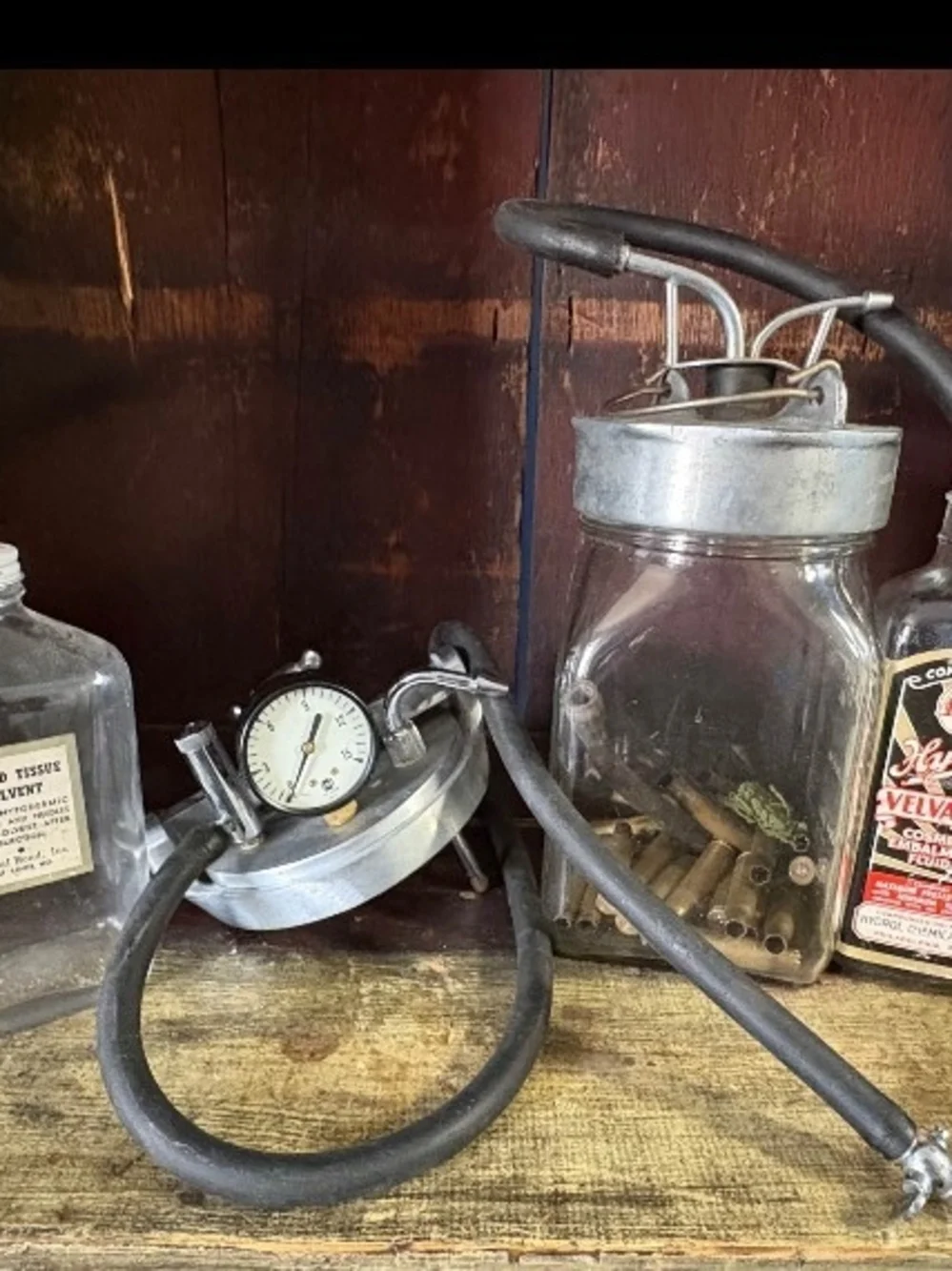 Vintage Embalming -Style Black Rubber Hose Vacuum Pump with Gauge